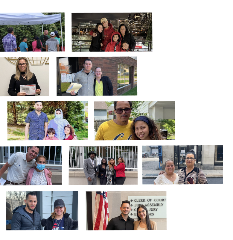 A collage of various moments shows people together in different settings: at an outdoor event, posing by a waterfront, holding a document, and standing in front of official buildings. Smiles abound as they celebrate significant events, possibly captured with the help of a Lancaster immigration lawyer.